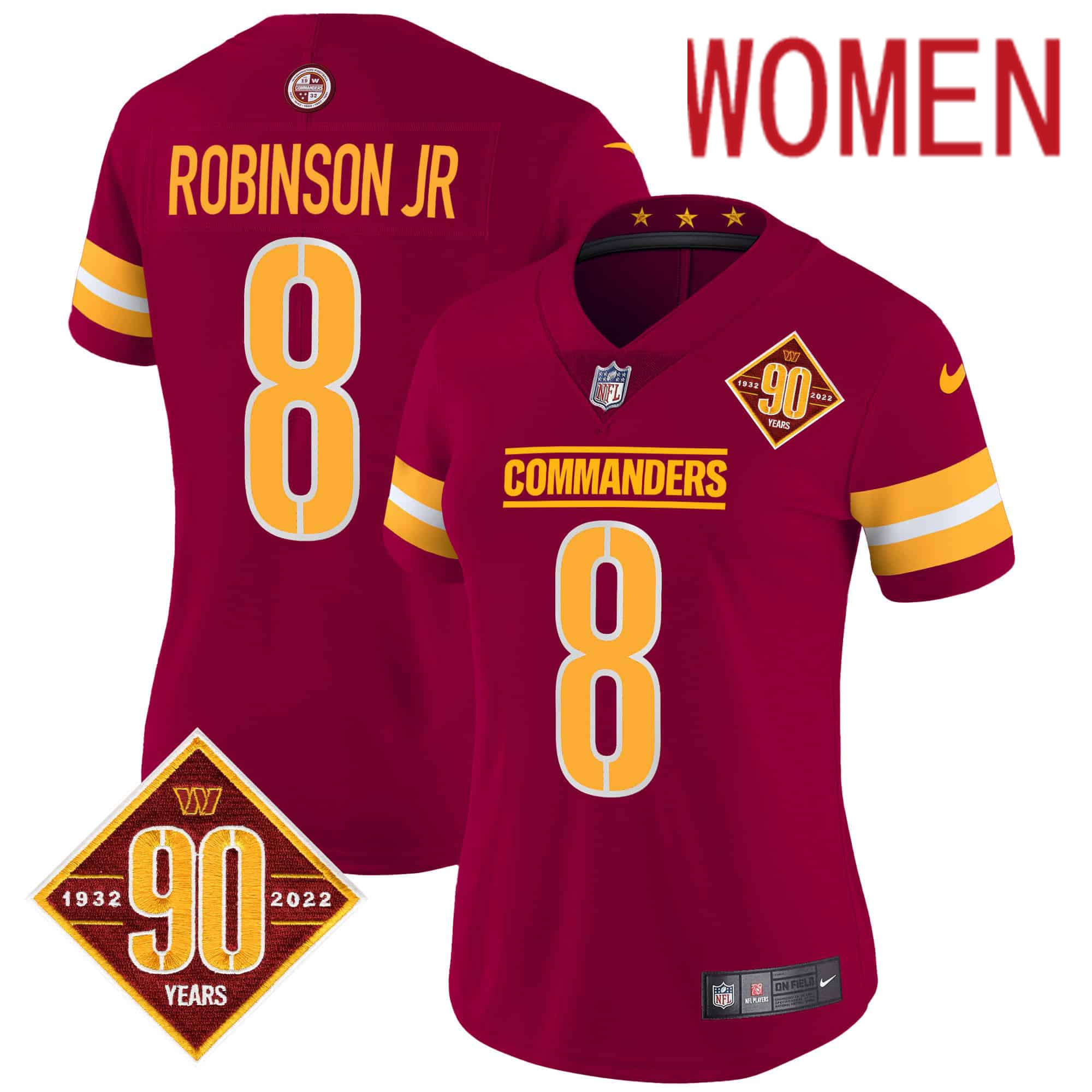 Women Washington Commanders 8 Robinson jr Red 90th Anniversary Patch 2024 Nike Vapor Limited NFL Jersey style 1